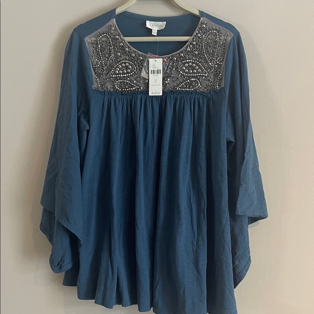 Anthropologie Deletta Blue Blouse with Silver Embellishments~ New with Defect